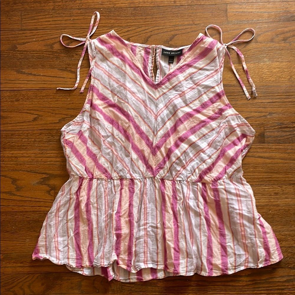 Lane Bryant Pink, White, Orange & Gray Striped Linen Peplum Tank